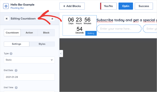 edit countdown timer for hello bar example