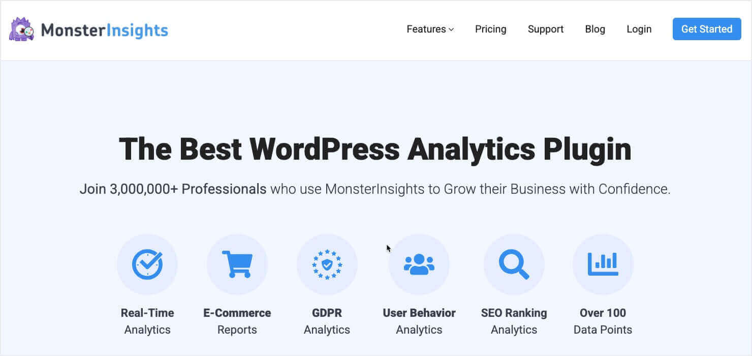 MonsterInsights Homepage. Heading says "The Best WordPress Analytics Plugin." Subheading is "Join 3,000,000+ Professionals who use MonsterInsights to Grow their Business with Confidence" Icons show Real-Time Analytics, E-Commerce Reports, GDPR Analytics, User Behavior Analytics, SEO Ranking Analytics, and Over 100 Data Points