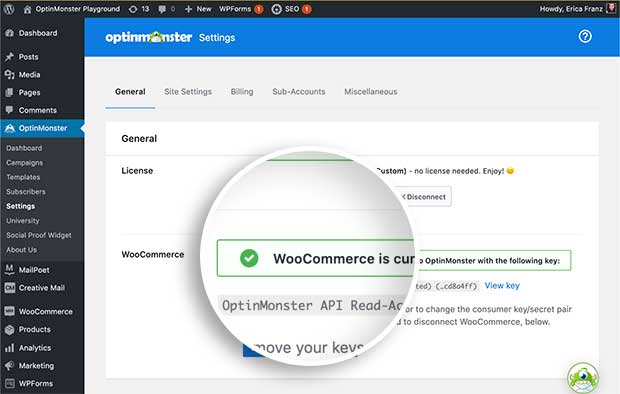 WooCommerce successfully connected to OptinMonster notice. 