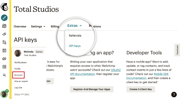 API keys option in Mailchimp - OptinMonster API keys option in Mailchimp