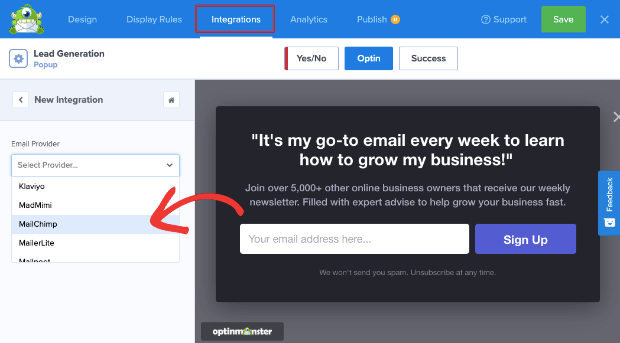 Integration options in OptinMonster - OptinMonster Integration options in OptinMonster