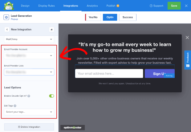 Mailchimp integration options in OptinMonster - OptinMonster Mailchimp integration options in OptinMonster