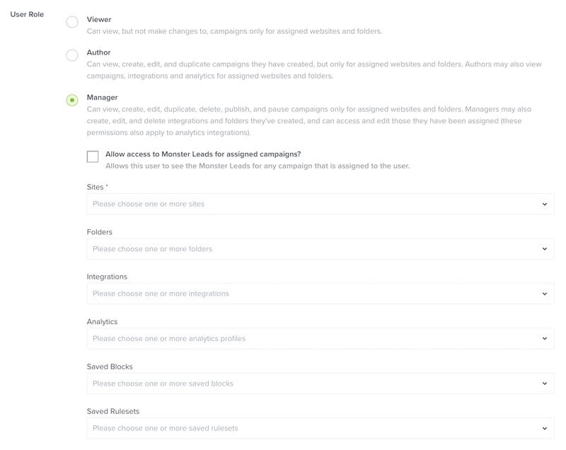 Manager Sub-Account user role options in OptinMonster. - OptinMonster Manager Sub-Account user role options in OptinMonster.