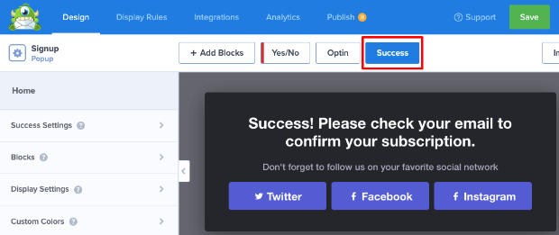 Success tab in OptinMonster - OptinMonster Success tab in OptinMonster