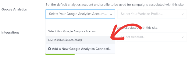 select google analytics account in sites