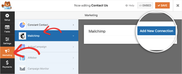 add new connection to mailchimp