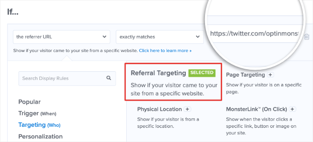 referral targeting option in optinmonster