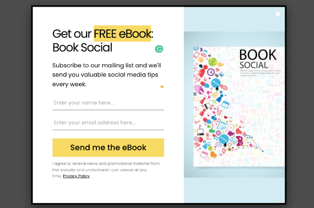 social media book offer popup for divi