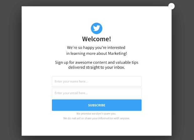 welcome twitter users popup