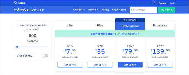 ActiveCampaign pricing table