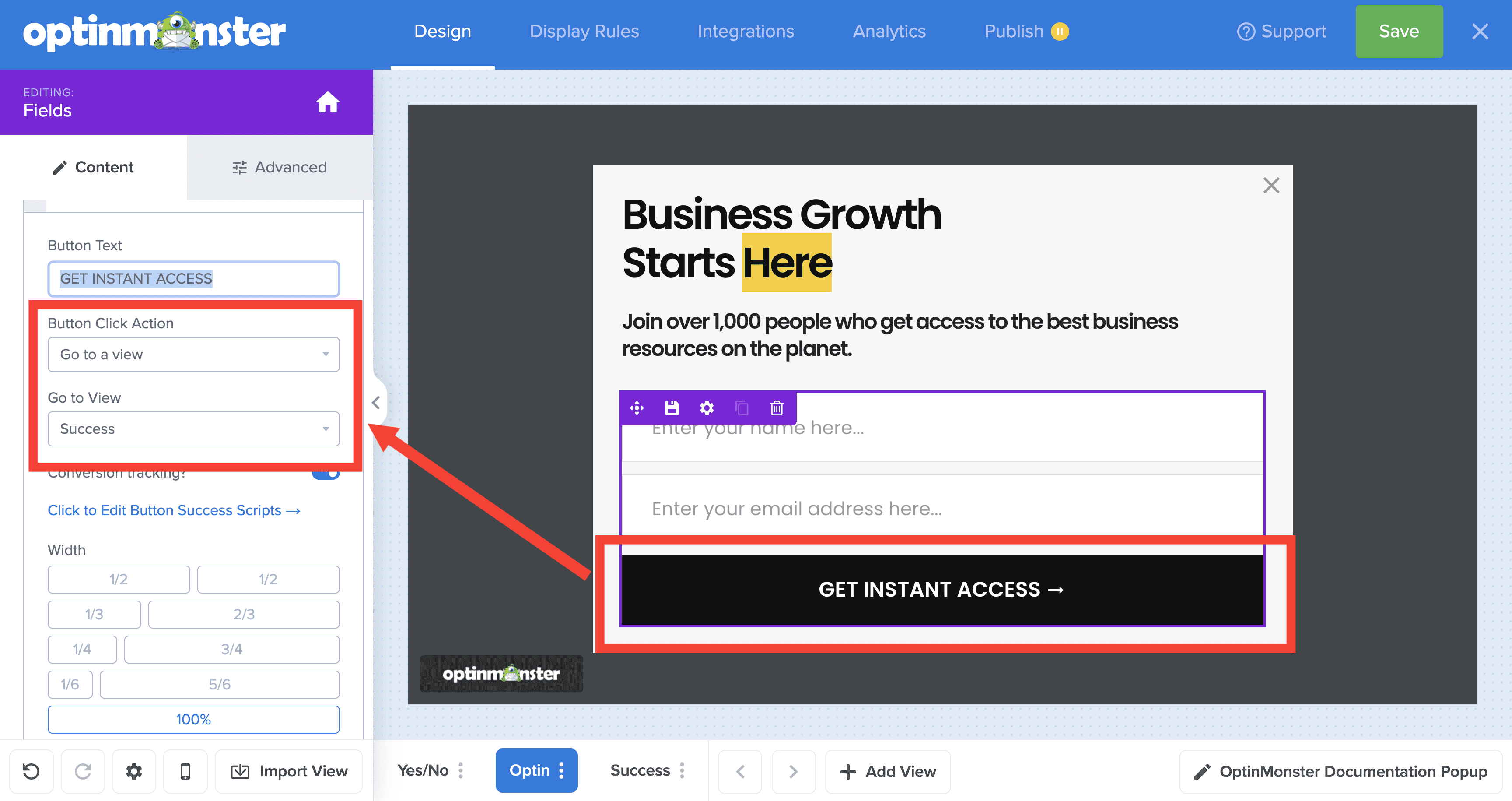 Configure the Success Action for your optin form to show the Success View