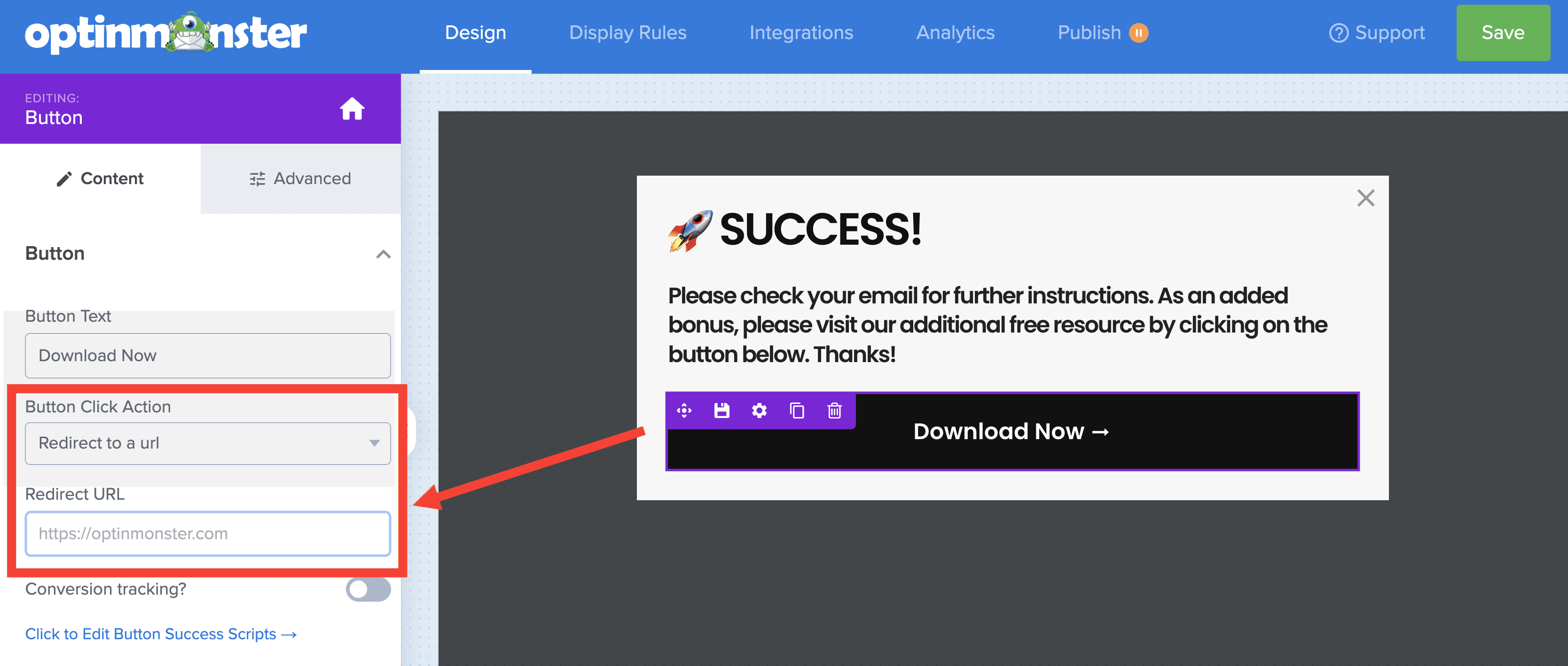Configure the Success View button to redirect to a URL