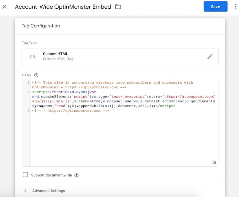 Add the OptinMonster Embed Code to your Tag in Google Tag Manager. - OptinMonster Add the OptinMonster Embed Code to your Tag in Google Tag Manager.