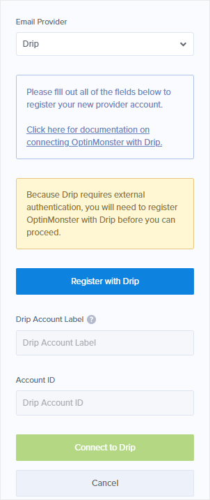 Register with Drip integration - OptinMonster Register with Drip integration