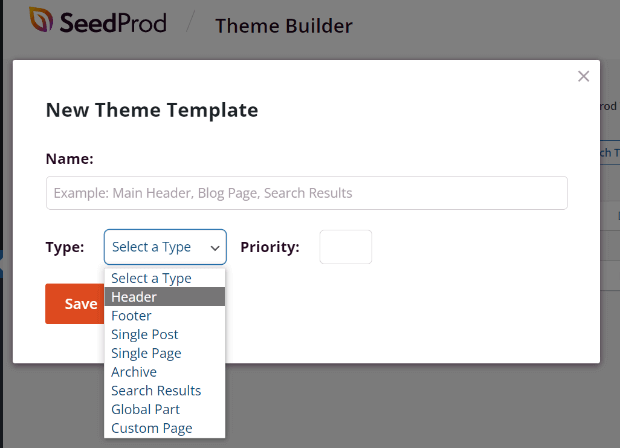 select header in type menu in SeedProd