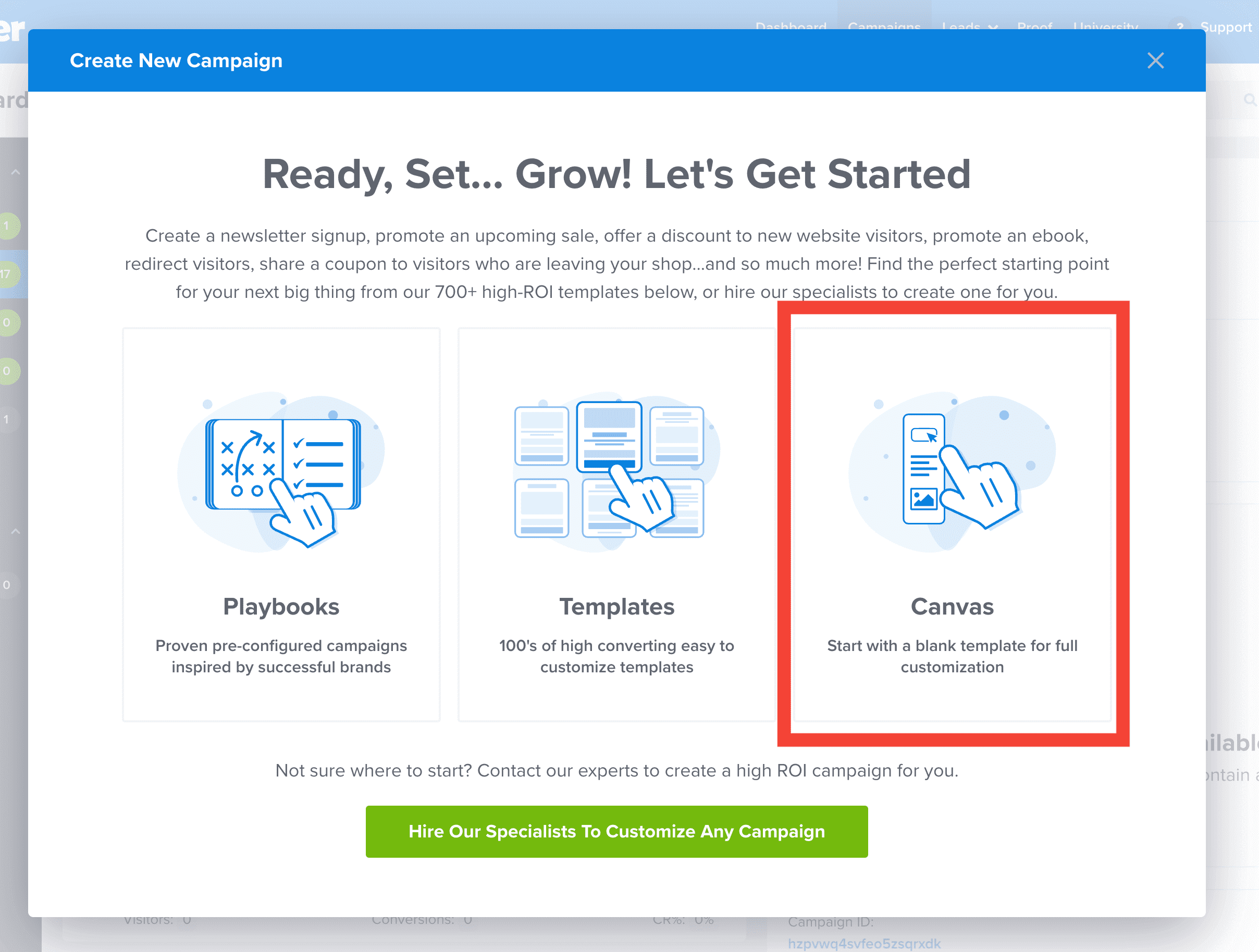 Begin creating a Canvas type campaign in OptinMonster