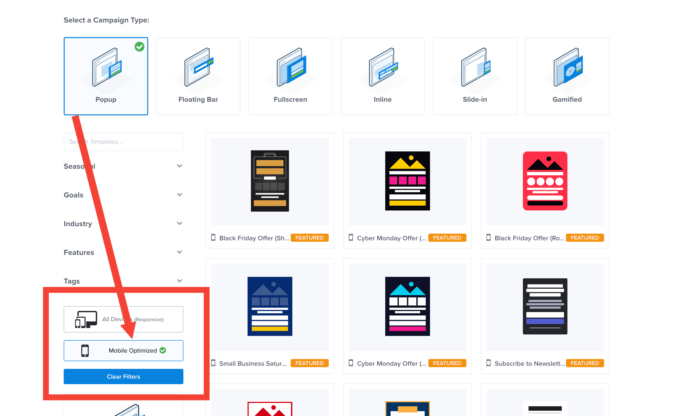 Mobile optimized template filter in the OptinMonster campaign creation screen allows you to see only mobile templates