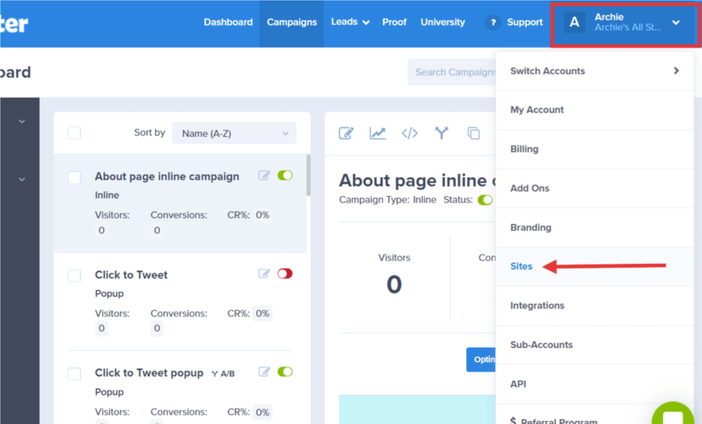 click account name then sites - OptinMonster