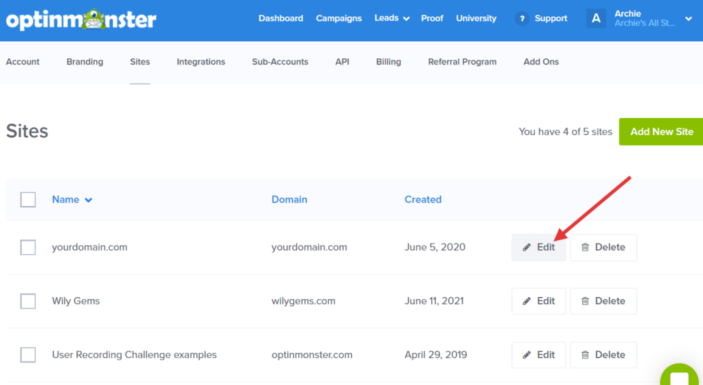click edit button on site - OptinMonster