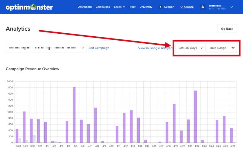 Filter date ranges for your OptinMonster campaign analytics.
