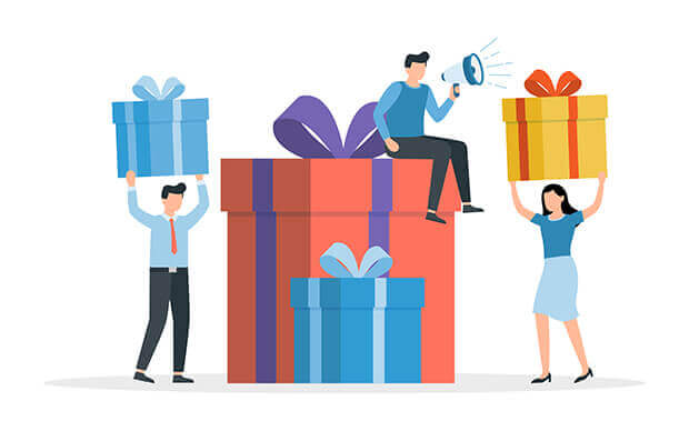 Vector image of people holding gifts and one person speaking through a megaphone