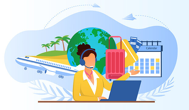 A travel agent in a headset with a background of a globe, suitcase, and airplane