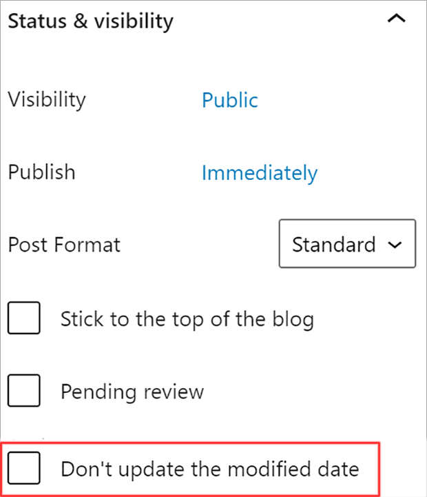 With AIOSEO, the publish options on your WordPress posts and pages will include a "Don't update the modified date" checkbox that you can turn on or off.