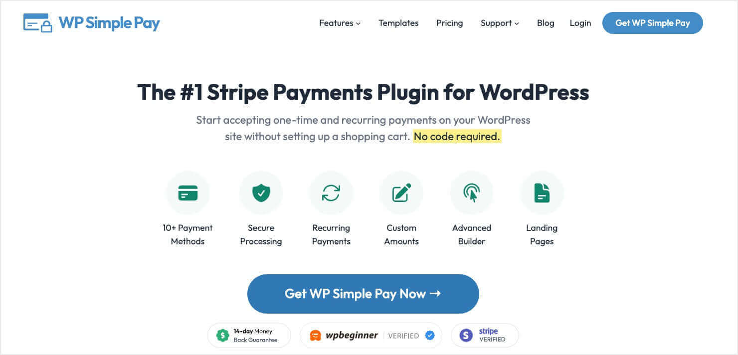 wp-simple-pay-homepage - OptinMonster WP Simple Pay homepage: "The #1 Stripe Payments Plugin for WordPress"