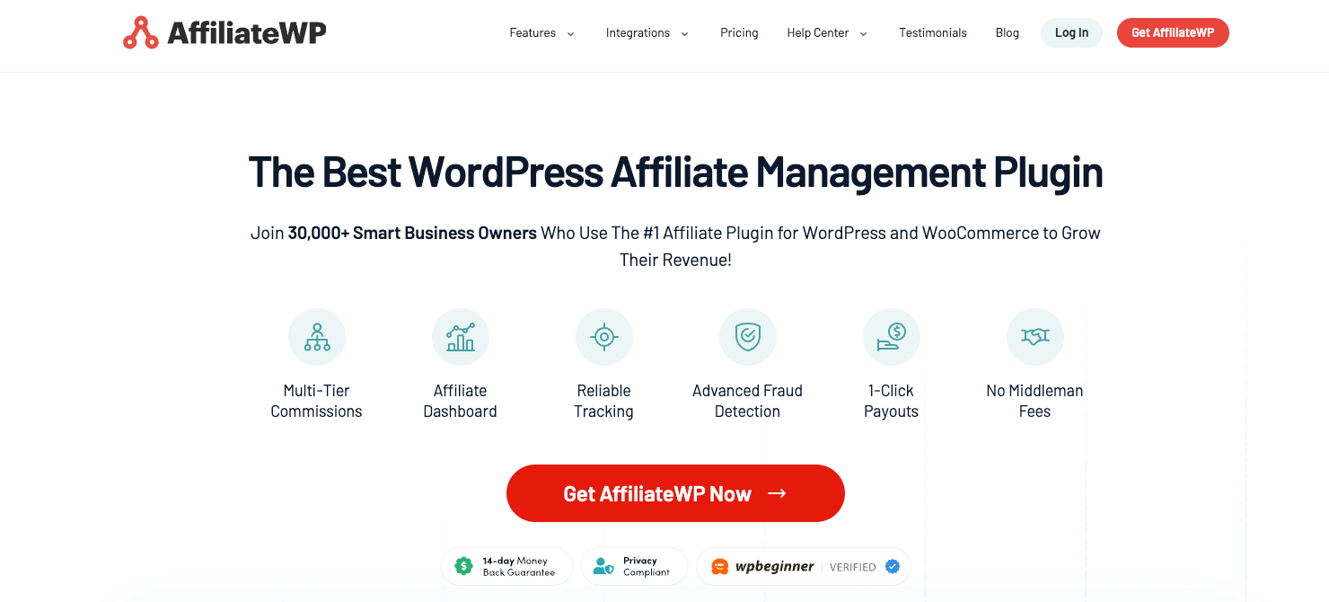 AffiliateWP homepage: "The Best WordPress Affiliate Managment Plugin"