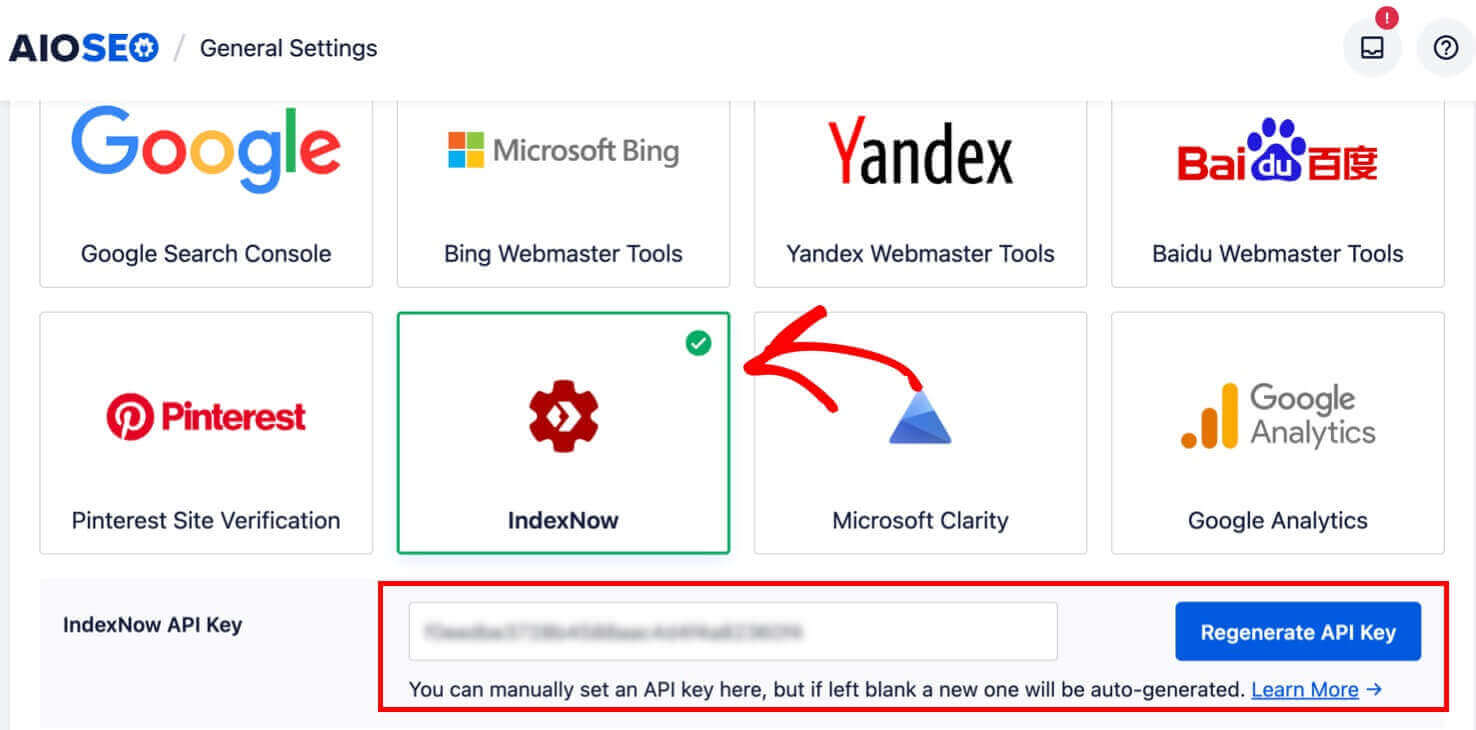 aioseo-indexnow-api-key - OptinMonster In the AISOSEO settings, IndexNow is selected. Below, there's the IndexNow API Key, which you can choose to manually set or auto-regenerate.
