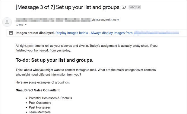 Example of an email in an email course from ConvertKit. The subject line is "[MessageSet up your lists and groups."