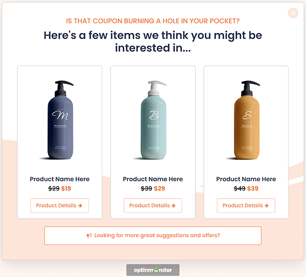OptinMonster popup template that shows suggested products.