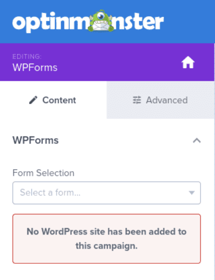 WPForms block no WordPress site assigned.