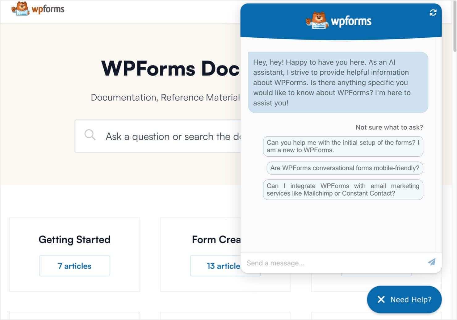 wpforms-chatbot-example - OptinMonster An AI Assistant chatbot on WPForms' website offering to answer questions about their SaaS product