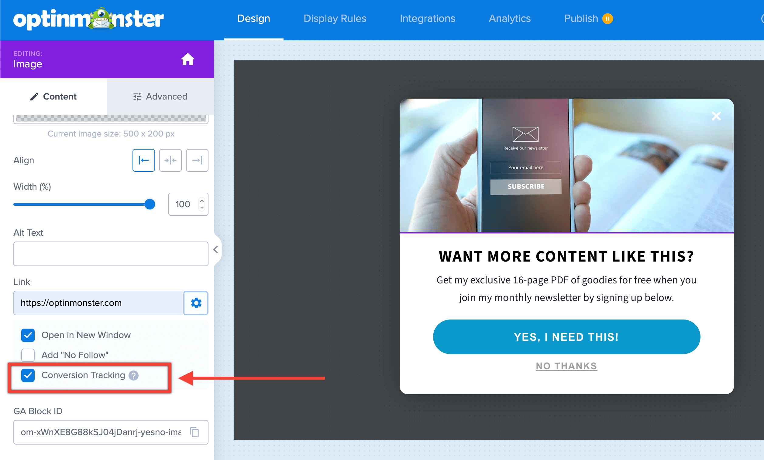 Enable conversion tracking on image