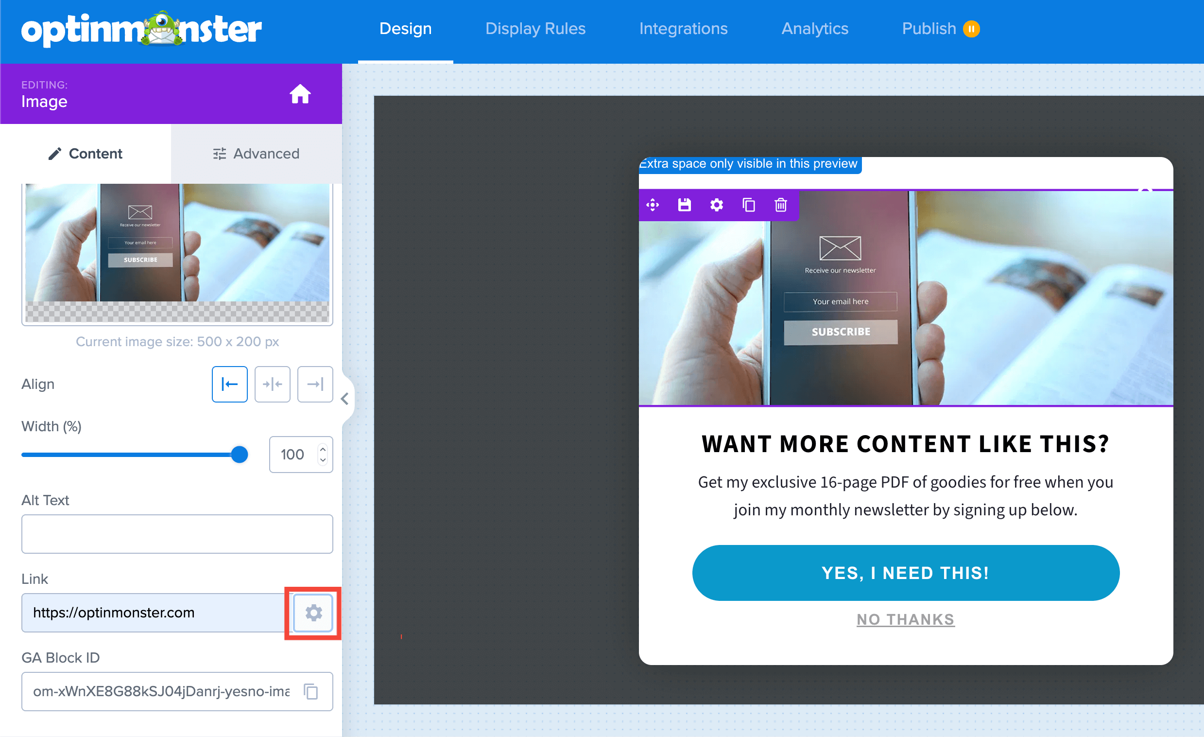 Select Settings icon next to url link insertion 