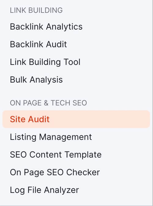01. Site Audit - Left Sidebar - OptinMonster Site Audit - Left Sidebar Menu in SEMRush