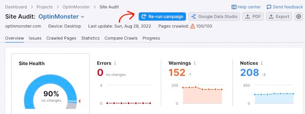 04. SEMRush - Rerun project - OptinMonster 04. SEMRush - Rerun a Site Audit Campaign