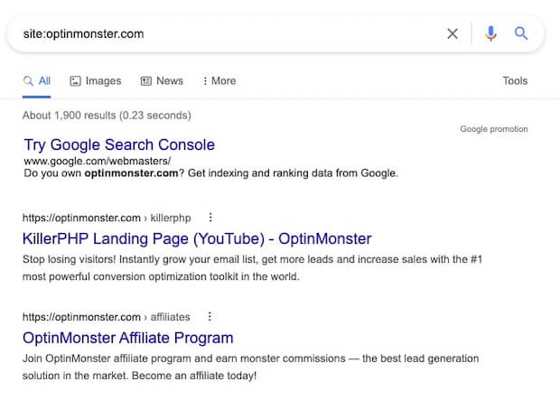 11. SERP Indexed Results - OptinMonster SERP Indexed Results Using the site: Search Operator