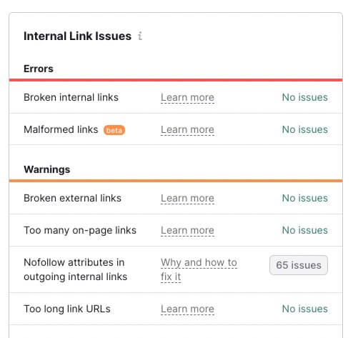 24. SEMRush Internal Link Issues - OptinMonster SEMRush Internal Link Issues - Errors and Warnings