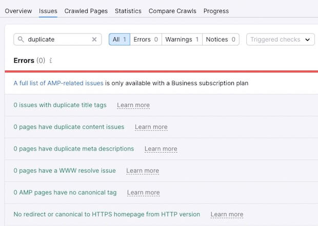 26. SEMRush Issues Search | Duplicate - OptinMonster Issues Search in SEMRush | Duplicate Content