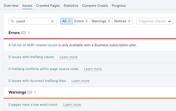 27. SEMRush Issues Search | Count - OptinMonster ssues Search in SEMRush | Low Word Count Issues