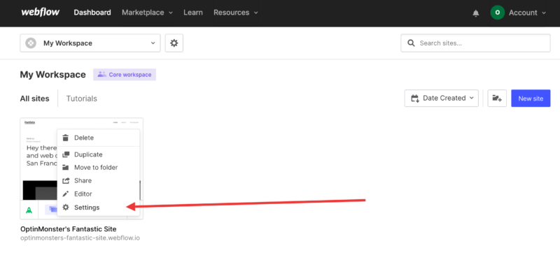 Webflow Site Settings - OptinMonster Webflow Site Settings