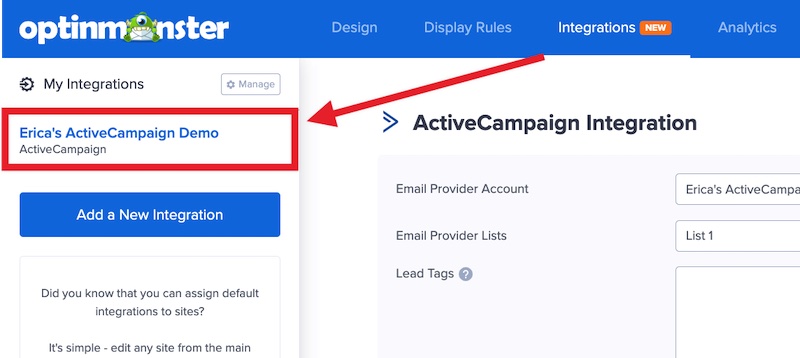 Select the ActiveCampaign integration for your campaign.
