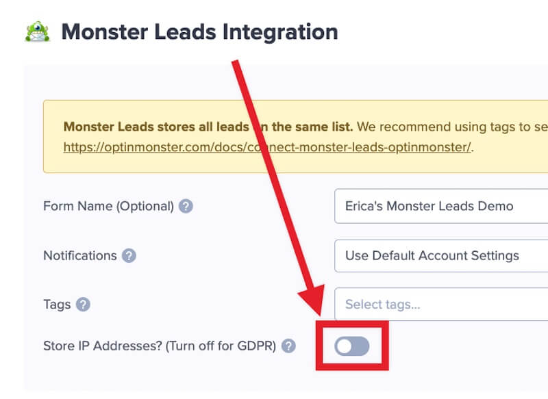 Disable IP Address capture for Monster Leads in OptinMonster.