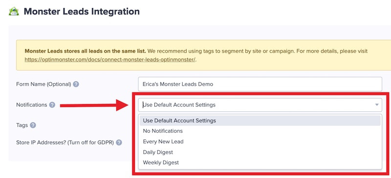 Configure notifications for Monster Leads integration.