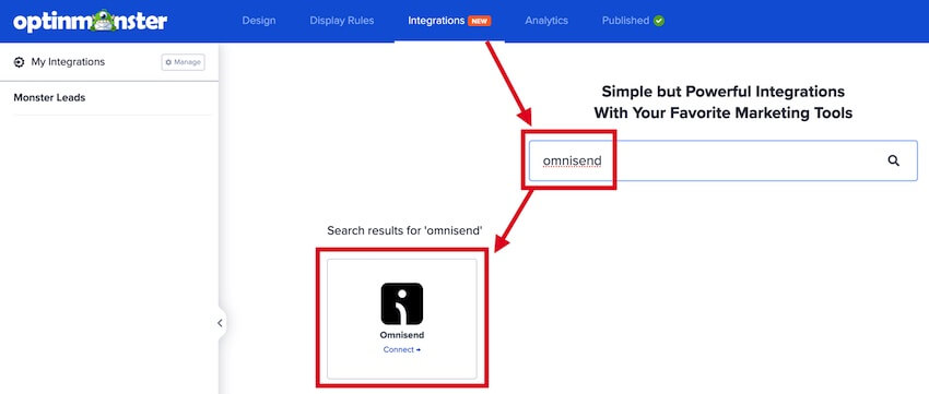 Search for and select OmniSend from the OptinMonster campaign builder.