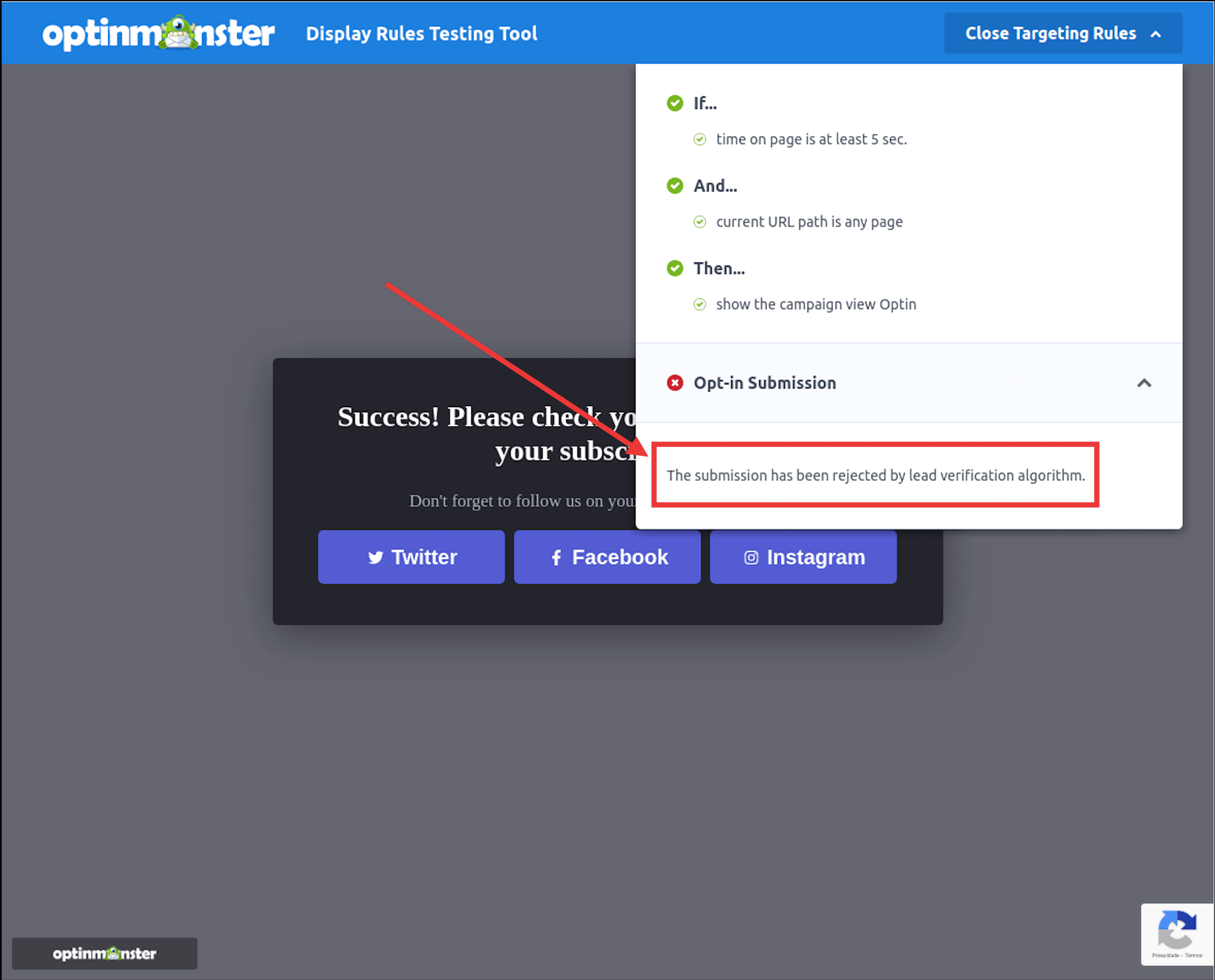 Success message on Display Rules Testing Tool indicating rejection due to lead verification algorithm