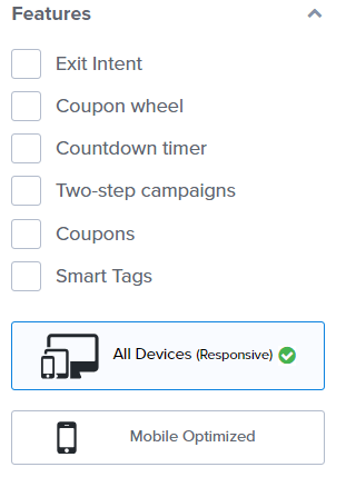 OptinMonster templates features filtering 