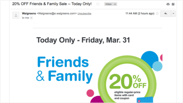 Promo email from Walgreen's that says "Today Only - Friday, Mar. 31. Friends & Family 20% off eligible regular-price items with card and coupon"